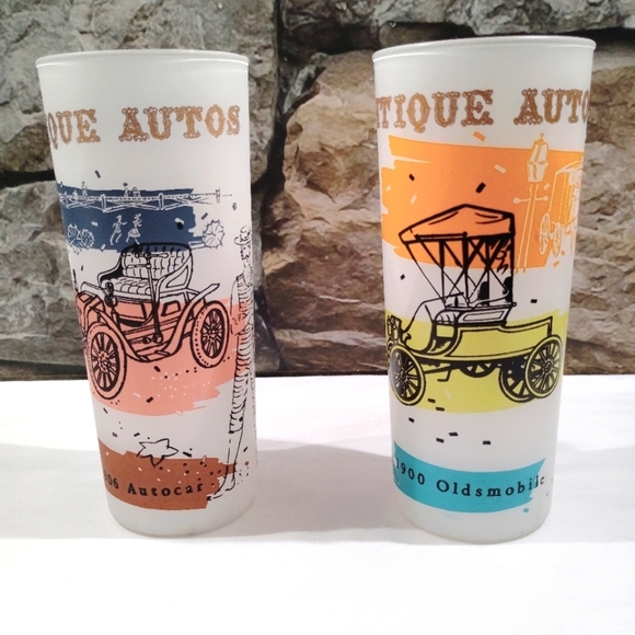Anchor Hocking Other - Antique Autos Highball Bar Glasses Autocar Barware Frosted 6.5" 1900 & 1906